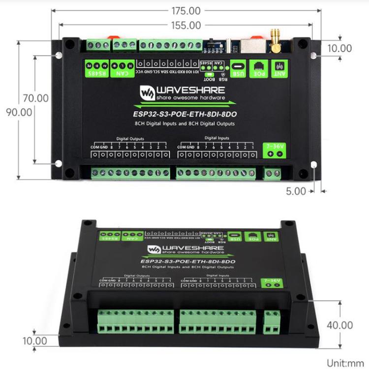 Control Board With 8-Channel Digital Input & Output, Built-In Xtensa 32-Bit LX7 Dual-Core Processor, Waveshare ESP32-S3-POE-ETH-8DI-8DO