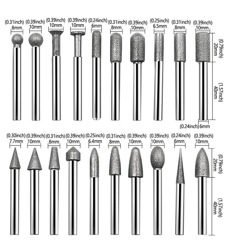 20pcs /Pack 6mm Shank Diamond Grinding Heads Jade Carving Tools Grinding Needles Diamond Grinding Rods, 20pcs