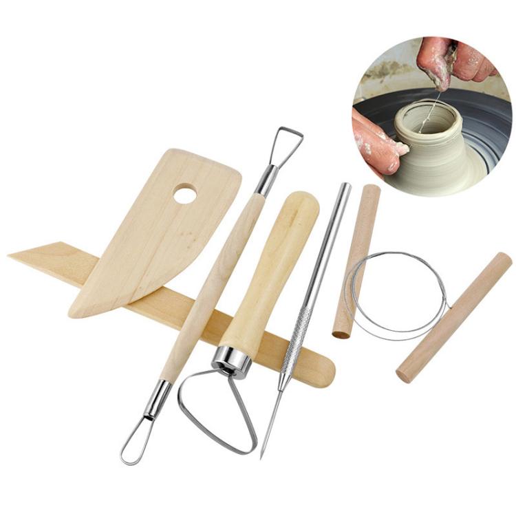 8pcs /Set Wooden Pottery Clay Carving Tools DIY Clay Tools Set, Original Wooden Color