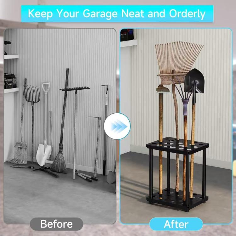 Metal Storage Rack Shelf Powder Coated Rustic Tool Rack Hoe Broom Shovel Storage Rack, Double Layer