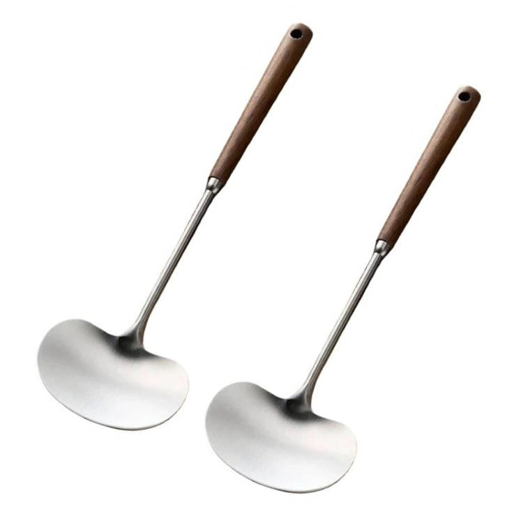 2pcs Solid Wood Long Handle Wok Spoon & Ladle Household Kitchen Shovel, Large, Small