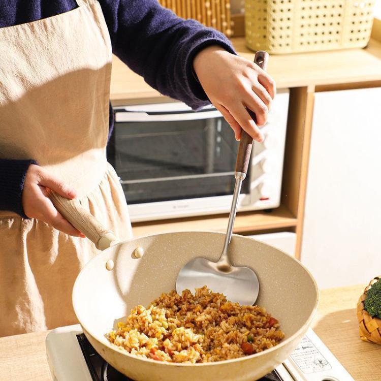 2pcs Solid Wood Long Handle Wok Spoon & Ladle Household Kitchen Shovel, Large, Small