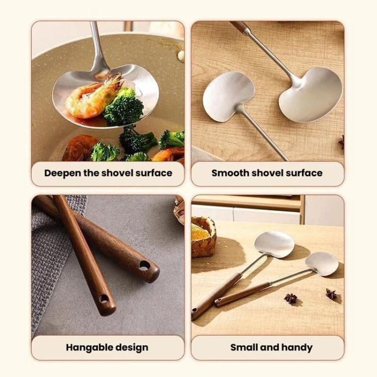 2pcs Solid Wood Long Handle Wok Spoon & Ladle Household Kitchen Shovel, Large, Small