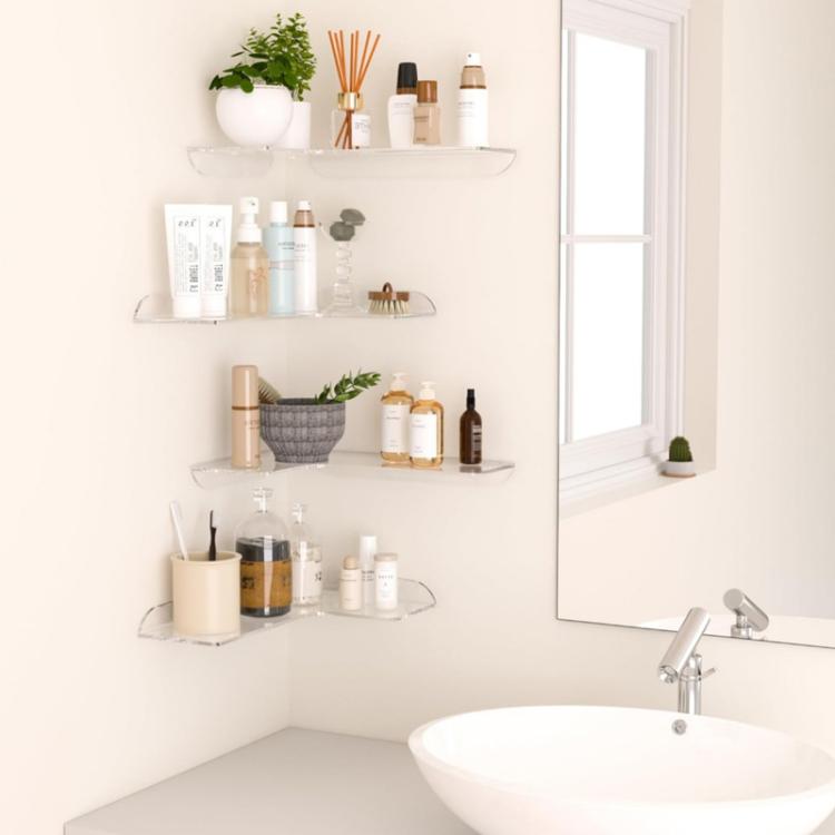 Acrylic Corner Wall Mounted Shelf For Bathroom, Kitchen & Office, Single, Double