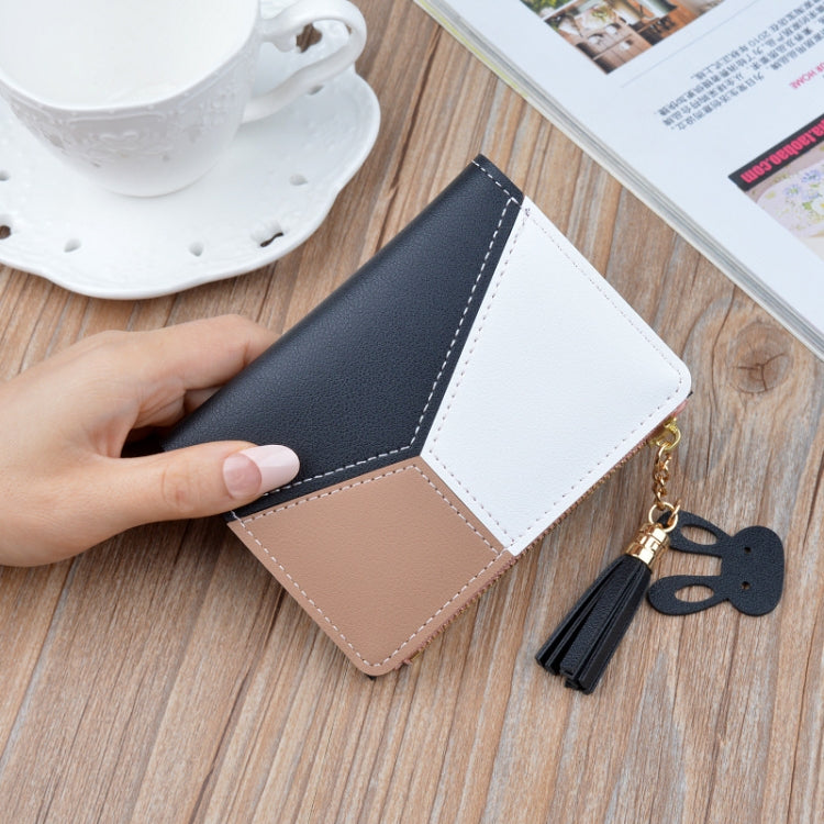 Short Leather Women Zipper Purse Panelled Wallets Trendy Coin Purse, Leather Blue, Leather Black, Leather Pink