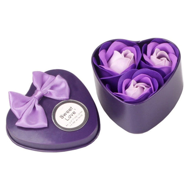 3 Soap Flowers Valentine's Day Gifts Tanabata Gifts Wedding Creative Gifts Heart Shaped Iron Box Roses Purple