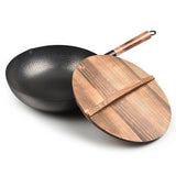 Vintage Traditional Handmade Uncoated Wok Pan, 32cm with Wooden Cover 32cm with Wooden Cover
