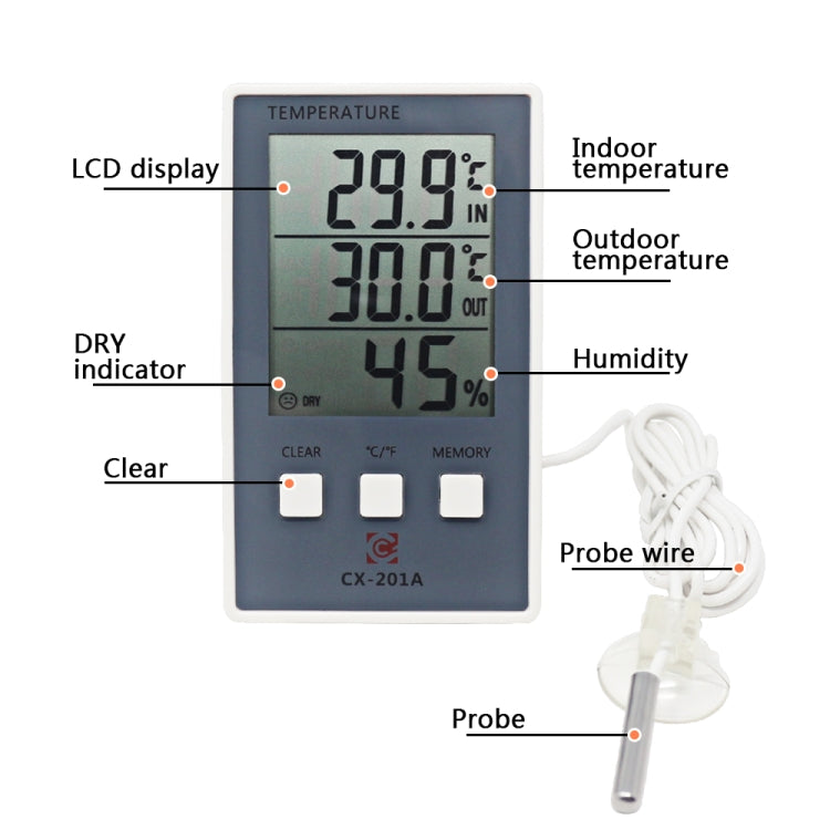 CX-201A LCD Digital Weather Station Thermometer Hygrometer Indoor Outdoor Temperature Humidity Meter with Temperature Sensor, CX-201A