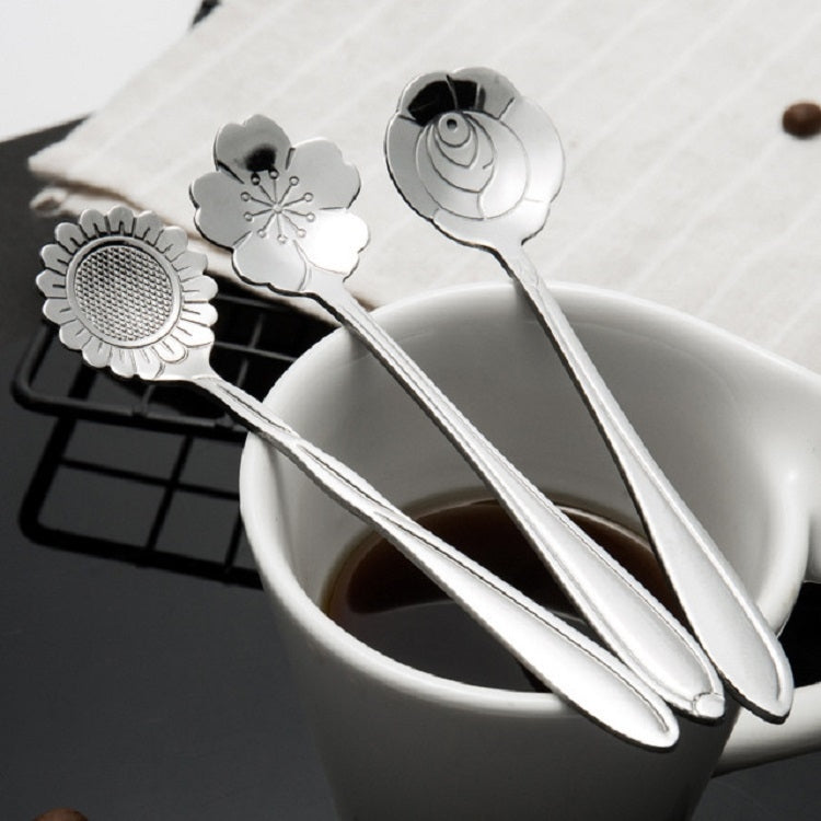 3 PCS Stainless Steel Household Creative Flower Spoon Coffee Stirring Spoon, Cherry Blossom Spoon, Rose Flower Spoon, Sun Flower Spoon, Sunflower Spoon, Pansy Flower Spoon, Bellflower Spoon, Plum Flower Spoon, Cosmos Flower Spoon