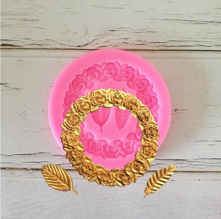 2 PCS Rose Garland Rose Leaf Silicone Fondant Mold Cake Edging Decoration Tool Baking Glue Mold Pink