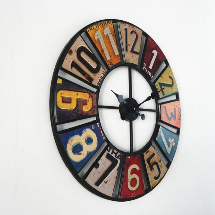 Digital Round Retro Wall Clock Creative License Plate Wrought Iron Decorative Clock, Round Retro Wall Clock
