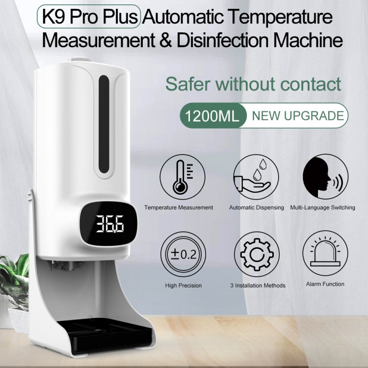 K9 Pro Plus Handsfree Non-contact Body Thermometer + 1000ml Automatic Non-contact Liquid Soap Dispenser with Base Mount, 15 Languages Voice Broadcast, K9 Pro Plus