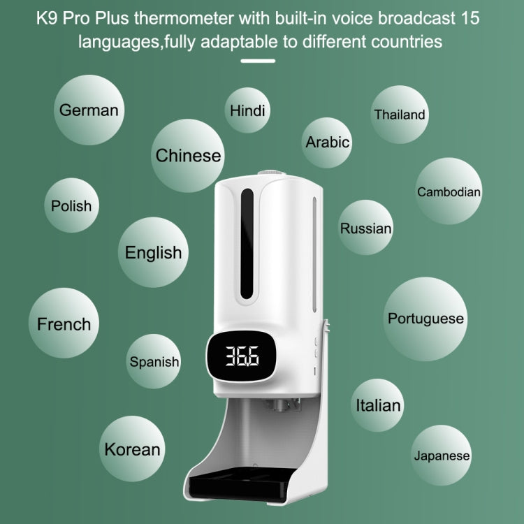 K9 Pro Plus Handsfree Non-contact Body Thermometer + 1000ml Automatic Non-contact Liquid Soap Dispenser with Base Mount, 15 Languages Voice Broadcast, K9 Pro Plus