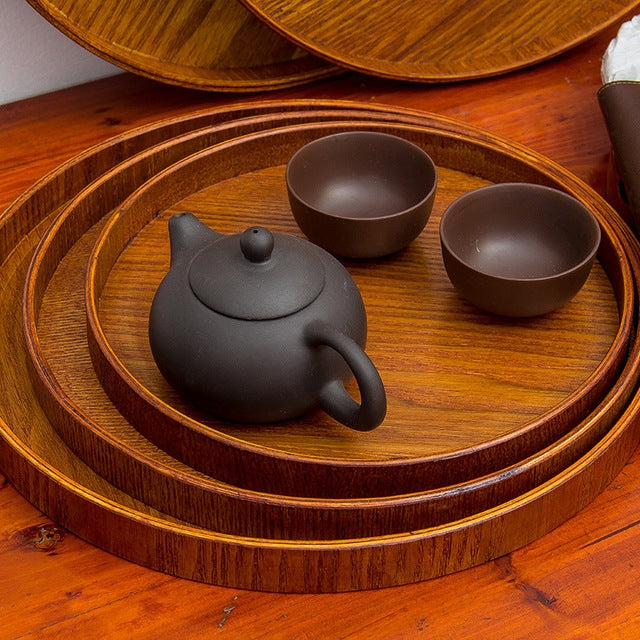 Creative Round Solid Wood Tea Tray Hotel Wooden Tay Storage Tray, Diameter: 37.5cm, Brown, Diameter: 37.5cm