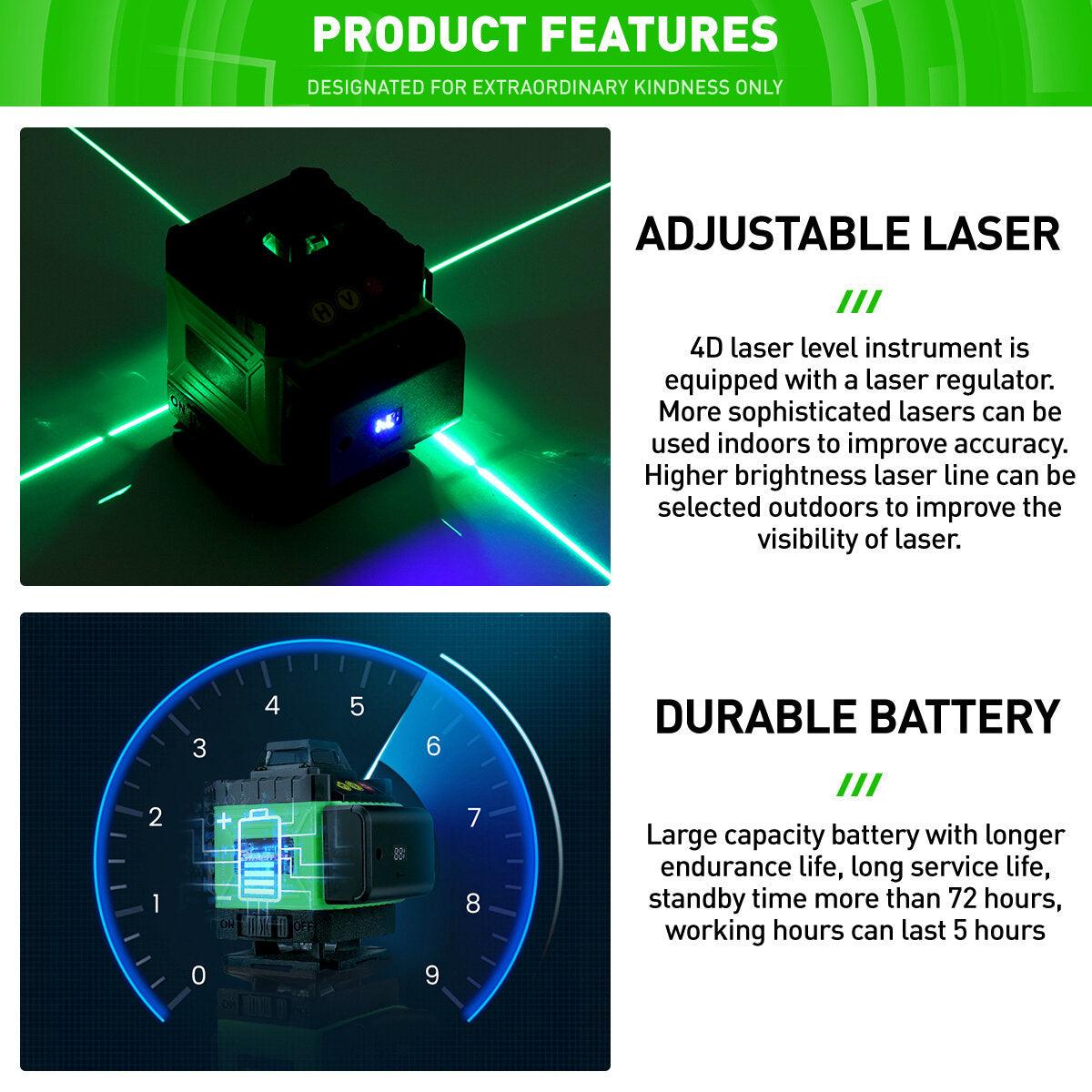 MUSTOOL 4D 16 Line Green Laser Level IP54 Self-Leveling 4000mAh Battery Touch Screen for Indoor/Outdoor Construction - Zen Craft