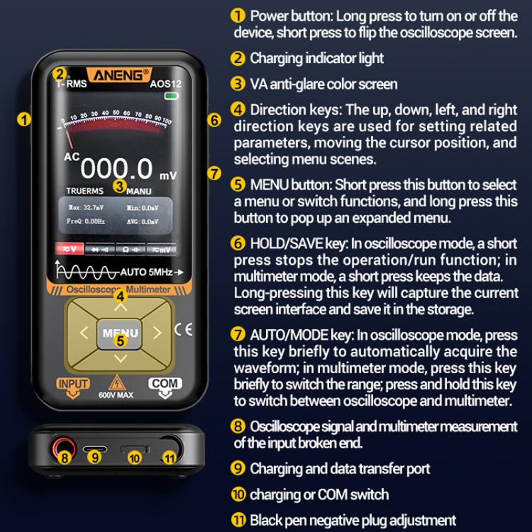 ANENG 2 In 1 Handheld Color Screen Oscilloscope Digital Multimeter, AOS12