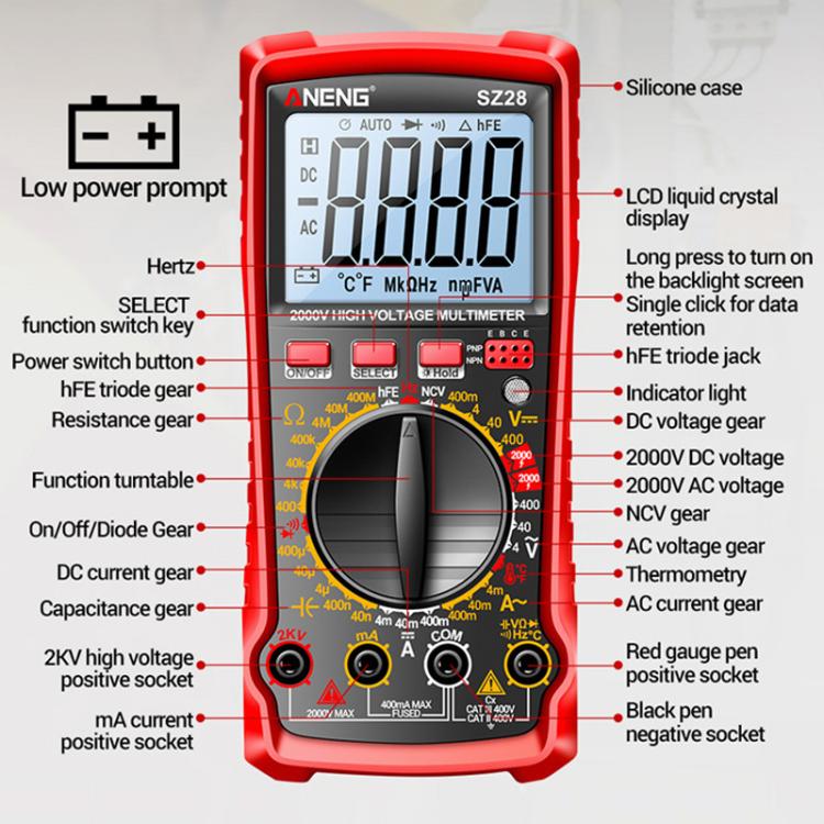 ANENG 2000V High Voltage High Precision Photovoltaic Digital Multimeter, SZ28 Red, SZ28 Black