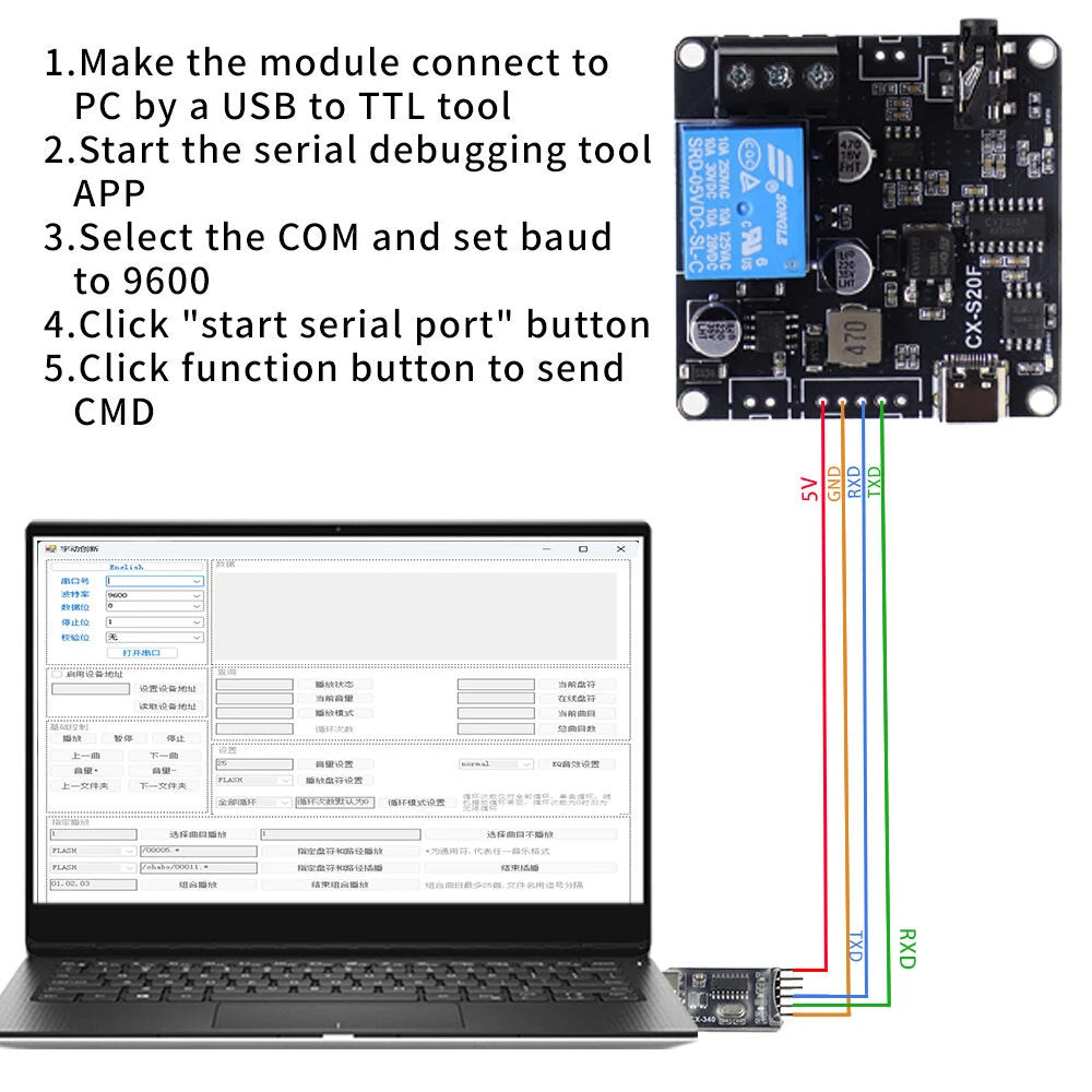 Sinilink CX-S20F MP3 Audio Playback Module 20W Output Supports MP3 WAV UART Control USB File Update 6-35V DC