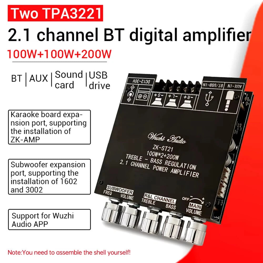 ZK-ST21 bluetooth Digital Amplifier Board 2.1 Channel 100W+100W+200W Subwoofer Chip TPA3221 DC12-30V 10A