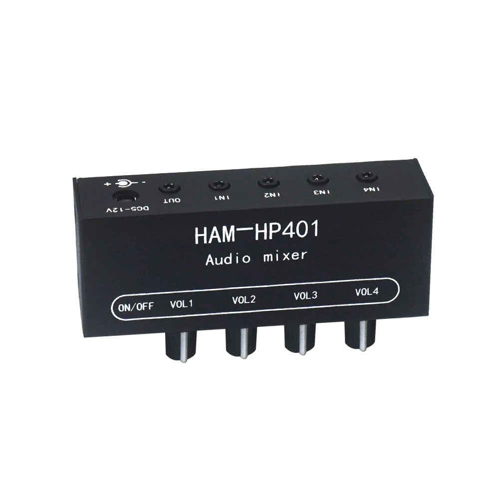 HAM-HP401 DC 5V-12V Stereo Audio Mixer 4 Input 1 Output Individual Volume Control Headphone Amplifier 3.5mm Jack DIY Sound Mixing