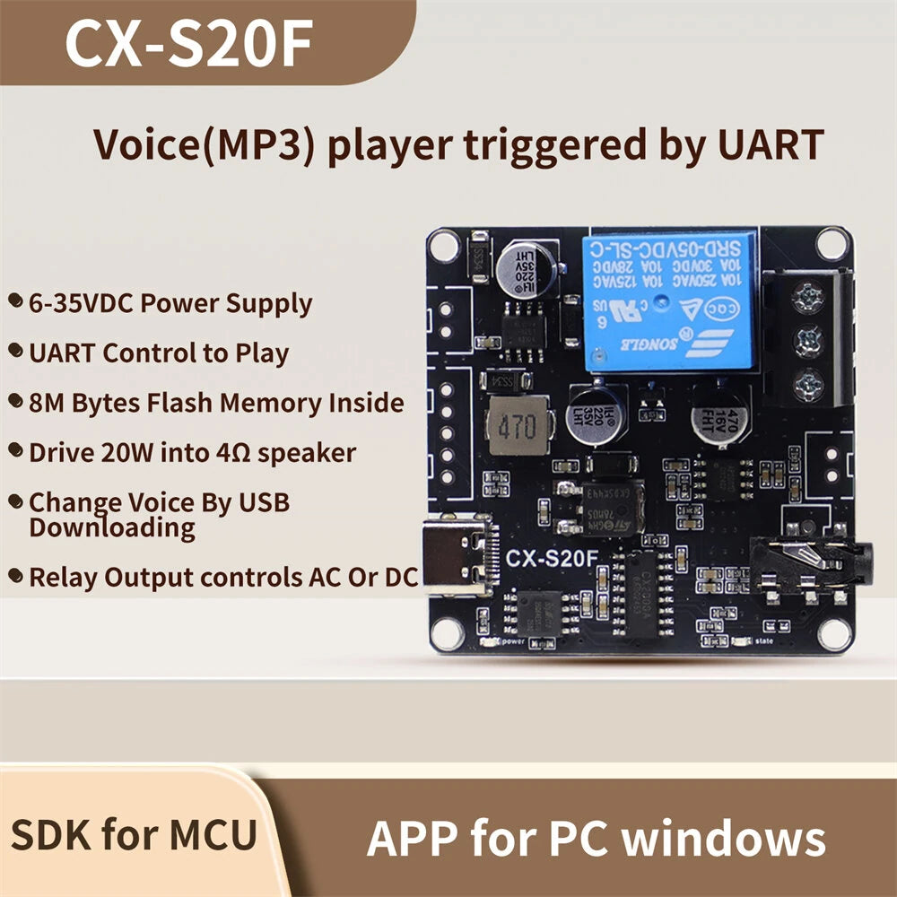 Sinilink CX-S20F MP3 Audio Playback Module 20W Output Supports MP3 WAV UART Control USB File Update 6-35V DC