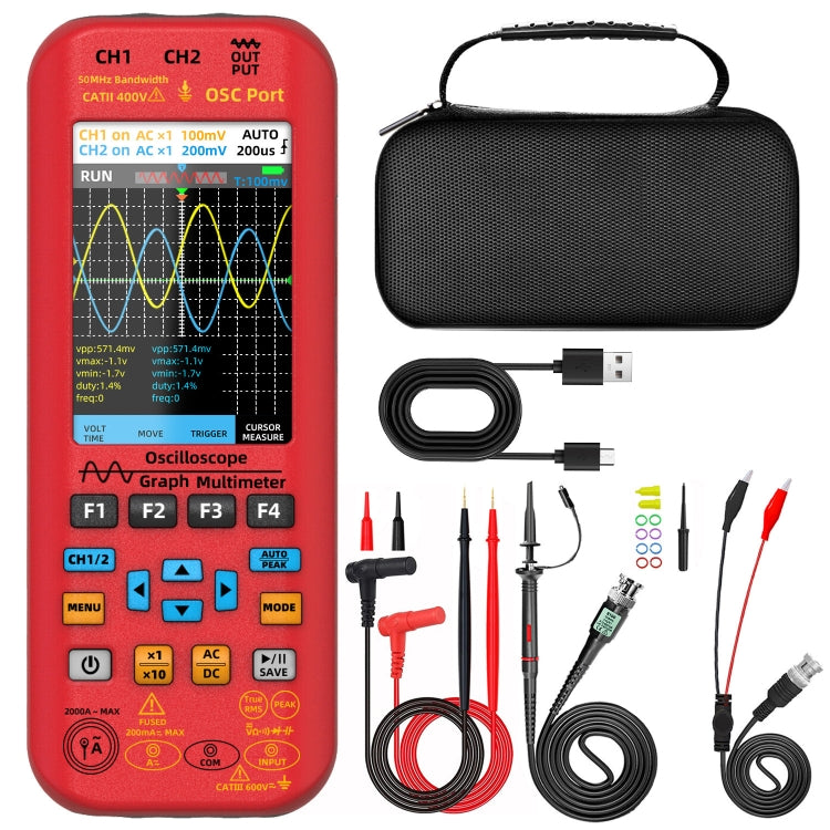 BSIDE O9 Digital Handheld Dual Channel 50MHz Oscilloscope Signal Source Multimeter, With Single Oscilloscope Probe (Red), With Dual Oscilloscope Probe (Red) With Single Oscilloscope Probe (Red)