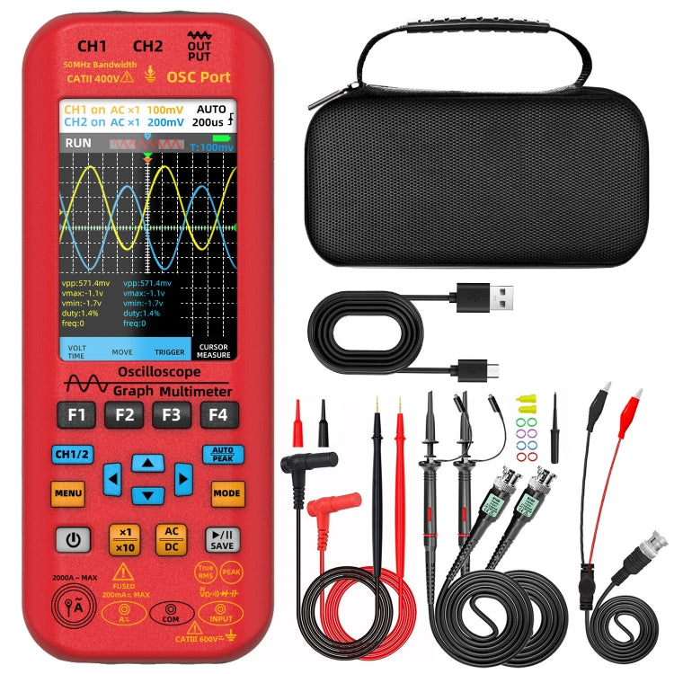 BSIDE O9 Digital Handheld Dual Channel 50MHz Oscilloscope Signal Source Multimeter, With Single Oscilloscope Probe (Red), With Dual Oscilloscope Probe (Red) With Dual Oscilloscope Probe (Red)
