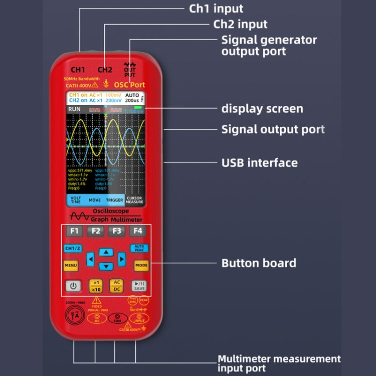 BSIDE O9 Digital Handheld Dual Channel 50MHz Oscilloscope Signal Source Multimeter, With Single Oscilloscope Probe (Red), With Dual Oscilloscope Probe (Red)