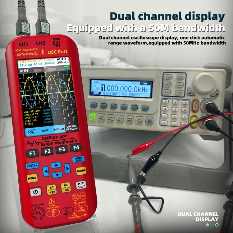 BSIDE O9 Digital Handheld Dual Channel 50MHz Oscilloscope Signal Source Multimeter, With Single Oscilloscope Probe (Red), With Dual Oscilloscope Probe (Red)