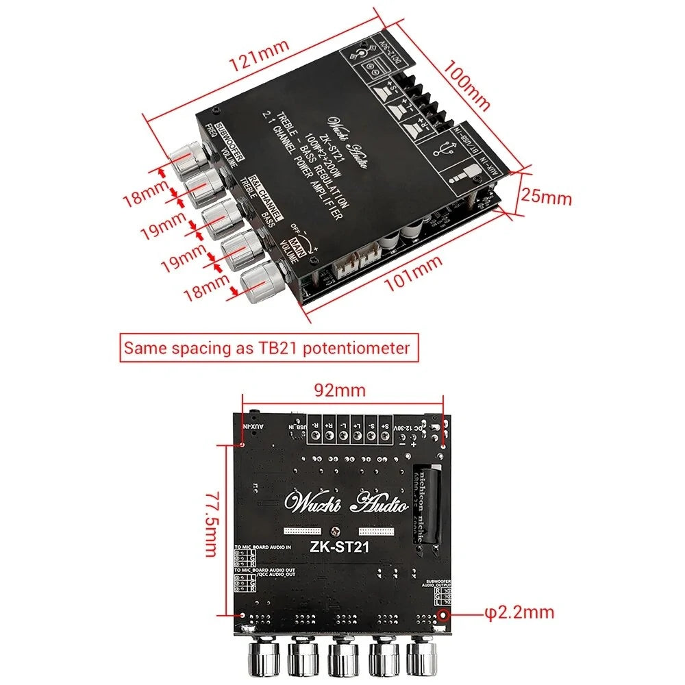 ZK-ST21 2.1 Channel Bluetooth Amplifier Board 100W+100W+200W Subwoofer TPA3221 Support Bluetooth AUX U Disk Sound Card