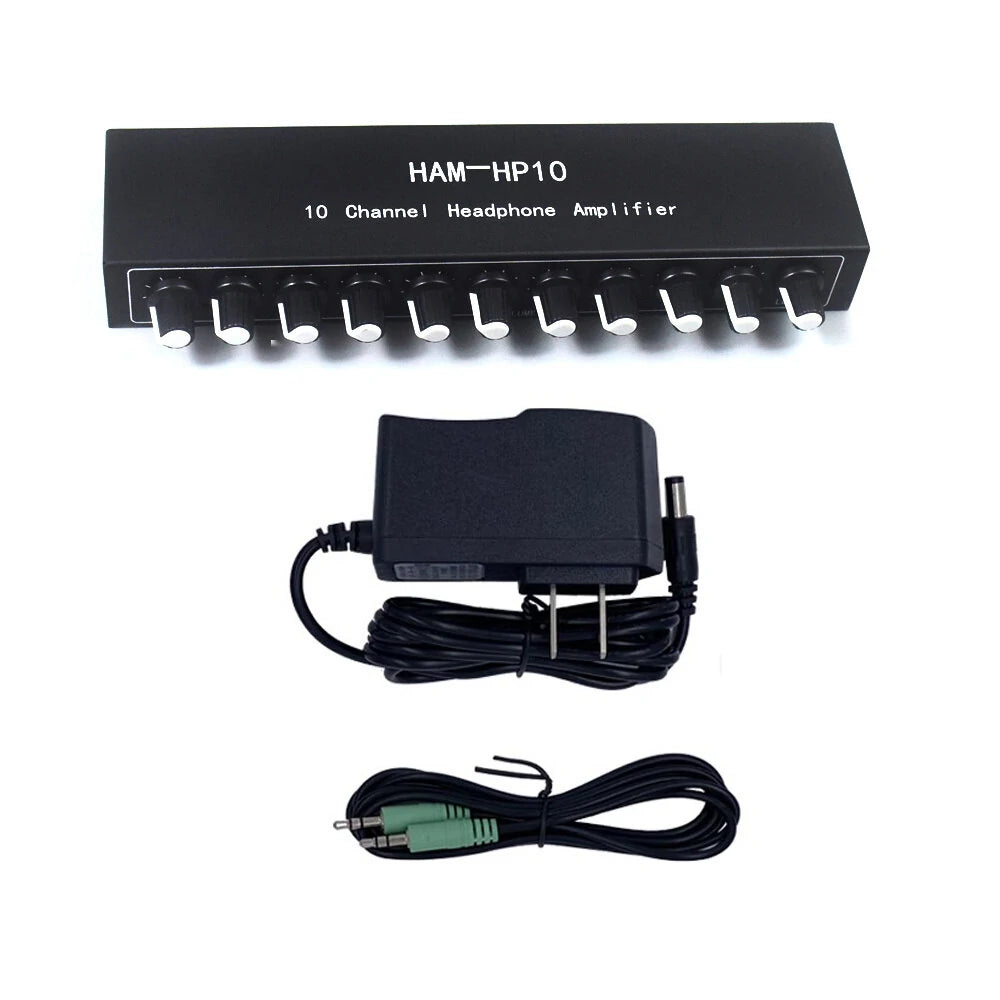 HAM-HP10 10 Channel Stereo Headphone Amplifier 1 Input 10 Output 12dB Gain NJM4556A 3.5mm Jack DC 12-24V Volume Control