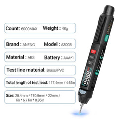 ANENG A3008 Digital Multimeter Auto Intelligent Sensor Pen Tester 6000 Counts - Zen Craft