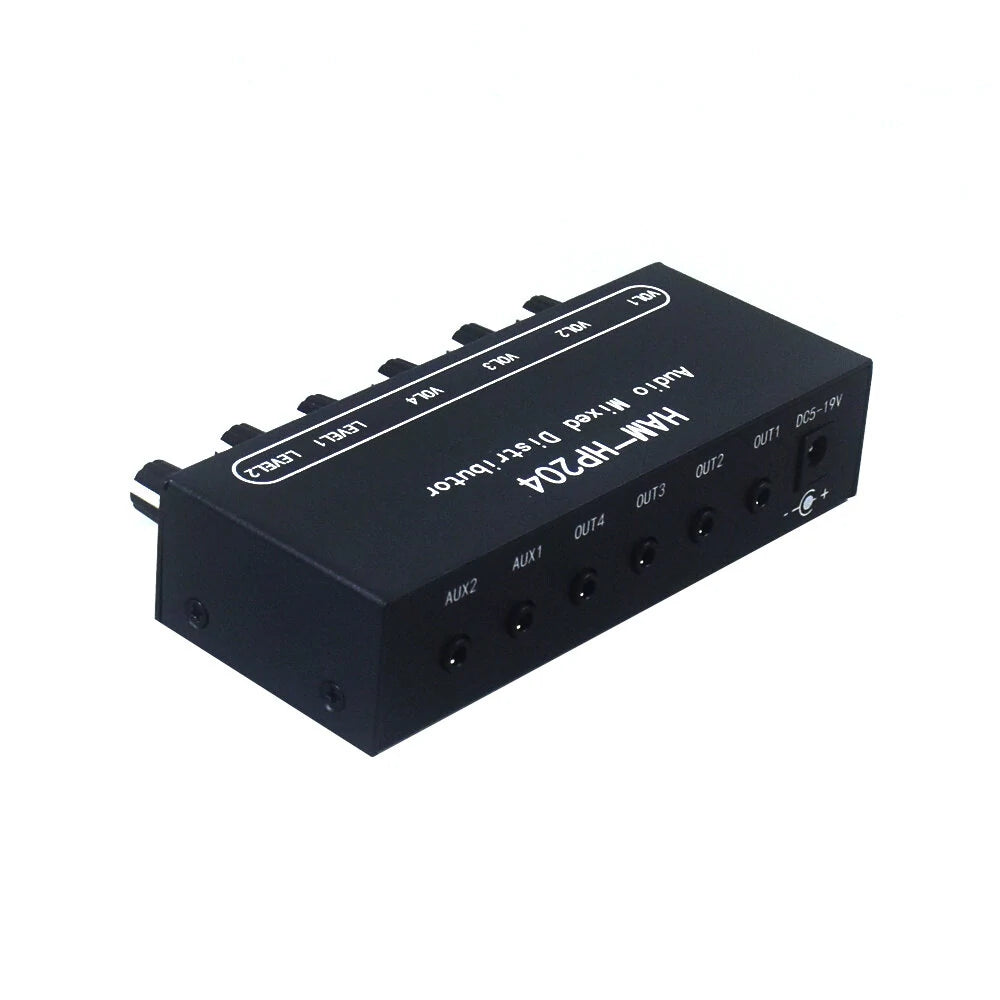 HAM-HP204 Stereo Audio Mixer Distributor Signal Selector 2 Input 4 Output 5X Magnification 3.5mm JRC NJM3414A DC 5-15V Volume Control