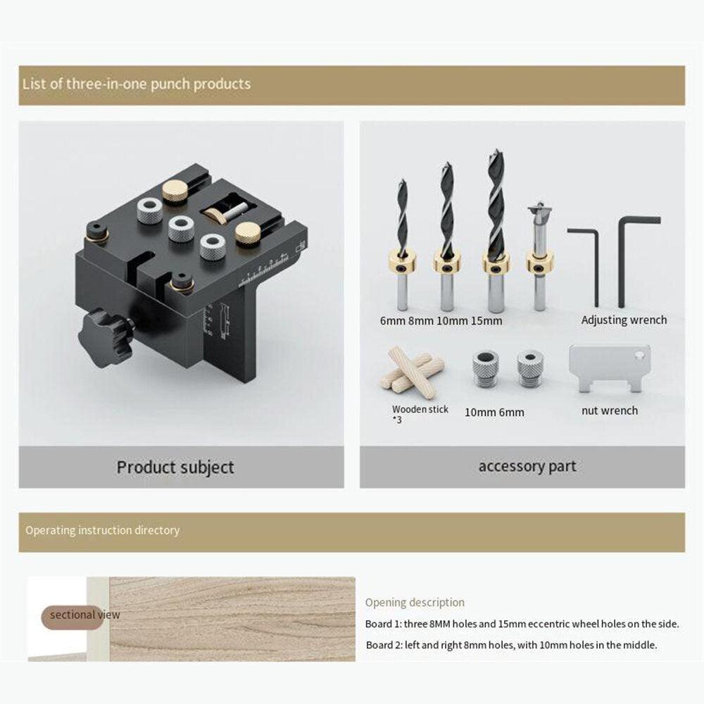 Ganwei Woodworking 3 In 1 Dowelling Jig Kit Adjustable Pocket Hole Jig 6/8/10/15mm Drilling Guide Tenoning Pin Hole Puncher Locator