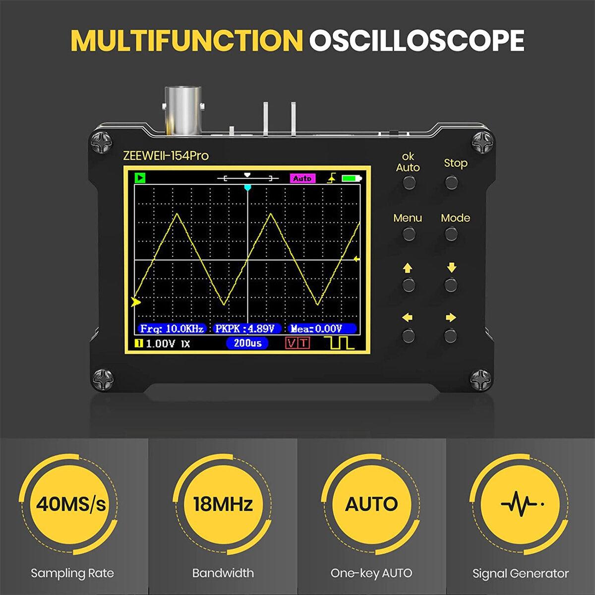 ZEEWEII DSO154Pro Mini Handheld Digital Oscilloscope 154pro 40MSa/s Sampling Rate 18MHz Bandwidth PWM Signal Generator LCD Display - Zen Craft