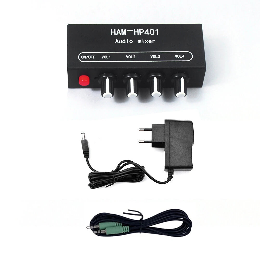 HAM-HP401 DC 5V-12V Stereo Audio Mixer 4 Input 1 Output Individual Volume Control Headphone Amplifier 3.5mm Jack DIY Sound Mixing