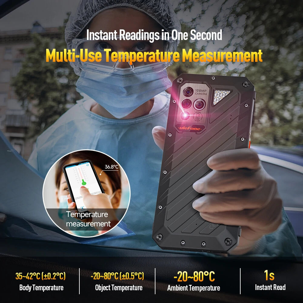 Ulefone Power Armor 19 108MP Triple Camera 17GB 256GB Helio G99 NFC 6.58 inch 120Hz 9600mAh 66W Fast Charge Wireless Charge Temperature Measurement IP68 IP69K Waterproof Rugged 4G Smartphone