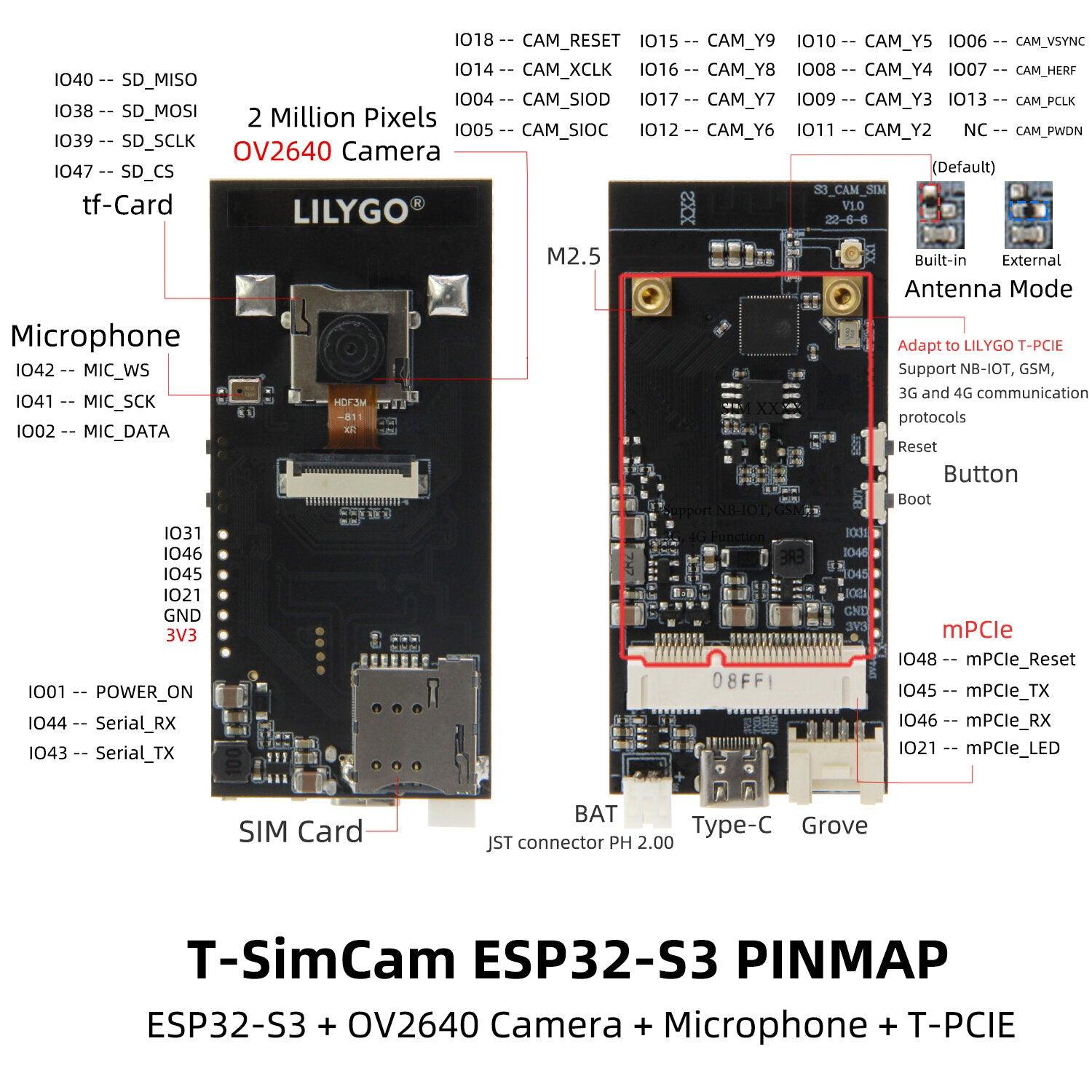 LILYGO T-SIMCAM ESP32-S3 CAM Development Board WiFi Bluetooth 5.0 Wireless Module With OV2640 Camera TF Slot Adapt T-PCIE SIM