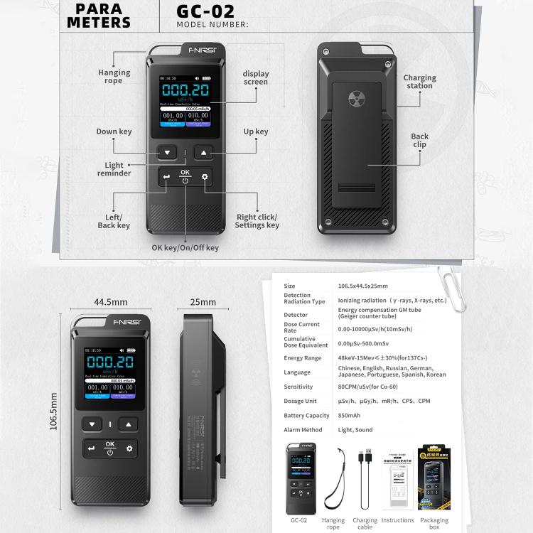 FNIRSI GC-02 Personal Radiation Detector with Alarm, FNIRSI GC-02
