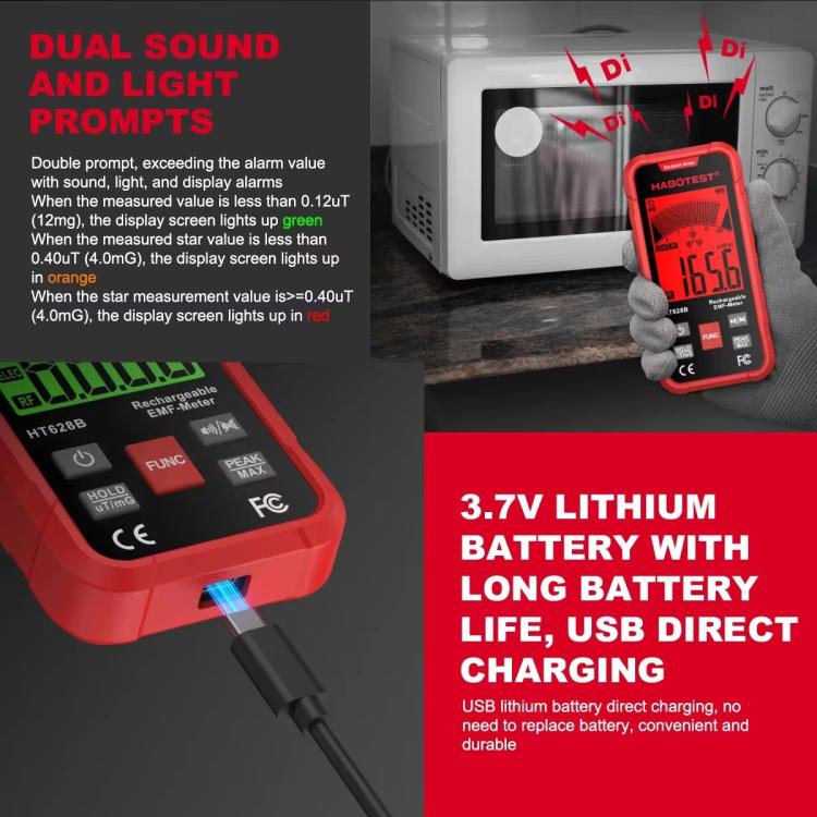 HABOTEST HT628B Multi-Field EMF Meter Rechargeable Electromagnetic Radiation Tester, HT628B