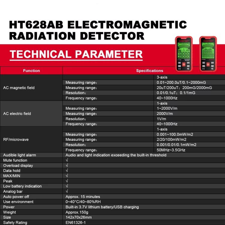 HABOTEST HT628B Multi-Field EMF Meter Rechargeable Electromagnetic Radiation Tester, HT628B
