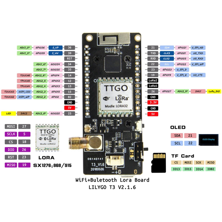 TTGO LORA32 V2.1 ESP32 0.96 inch OLED Bluetooth WiFi Wireless Module 868MHz SMA IP5306 Module with Antenna, 868MHz