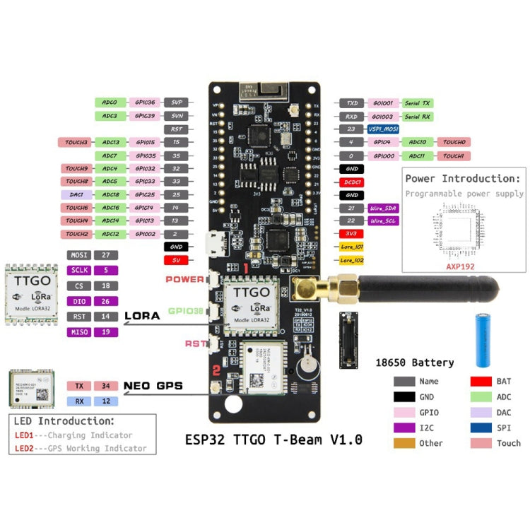 TTGO T-Beam ESP32 Bluetooth WiFi Module 868MHz GPS NEO-M8N LORA 32 Module with Antenna & 18650 Battery Holder, 868MHz