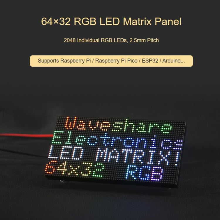 Waveshare RGB Full-color LED Matrix Panel, 2.5mm Pitch, 64x32 Pixels, Adjustable Brightness, 23707, 23707