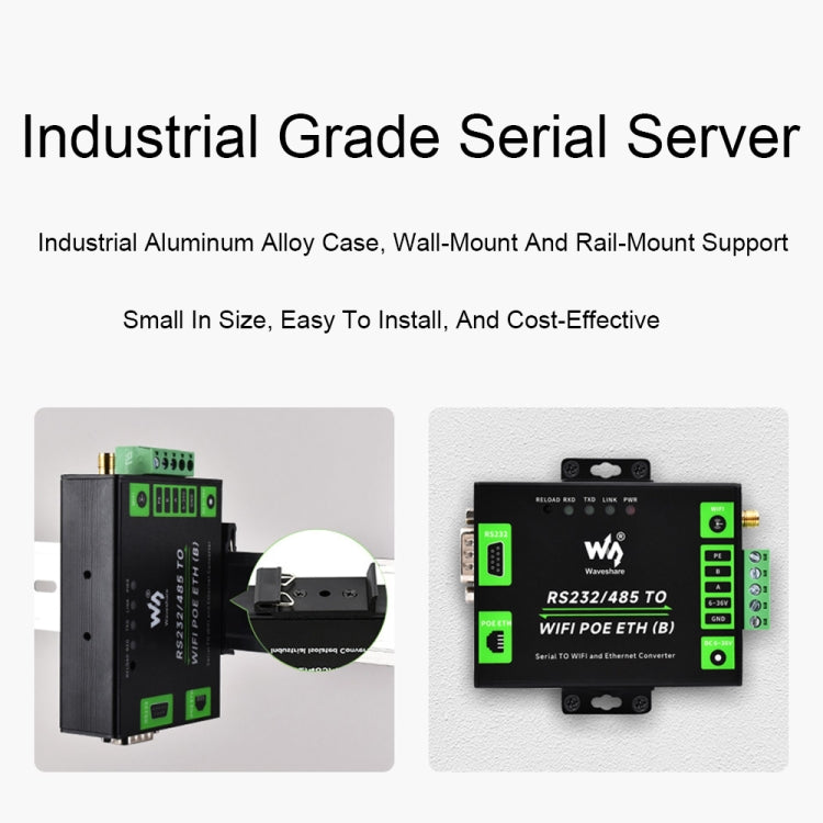 Waveshare Industrial Grade Serial Server RS232/485 to WiFi / Ethernet, RJ45 Network Port, RJ45 Network Port with POE Support