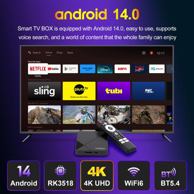 H96Max 4K UHD Android 14 Smart TV Box with Remote Control, RK3518 Quad-Core, 1GB+8GB, 2GB+16GB