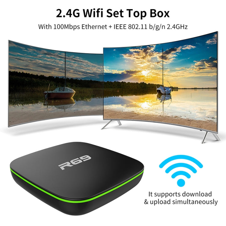 R69 1080P HD Smart TV BOX Android 4.4 Media Player with Remote Control, Quad Core Allwinner H3, RAM: 1GB, ROM: 8GB, 2.4G WiFi, LAN, EU Plug, 1GB+8GB