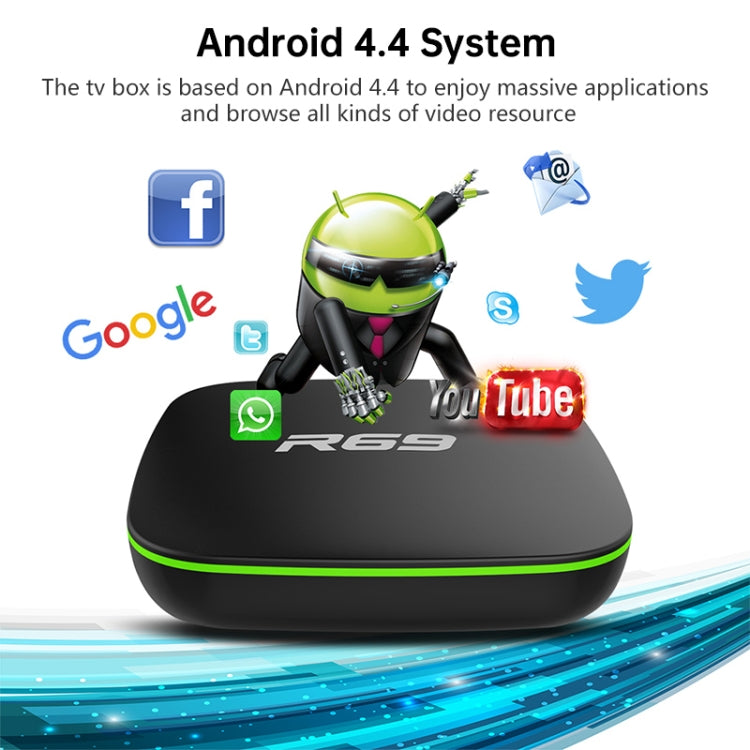 R69 1080P HD Smart TV BOX Android 4.4 Media Player with Remote Control, Quad Core Allwinner H3, RAM: 1GB, ROM: 8GB, 2.4G WiFi, LAN, EU Plug, 1GB+8GB