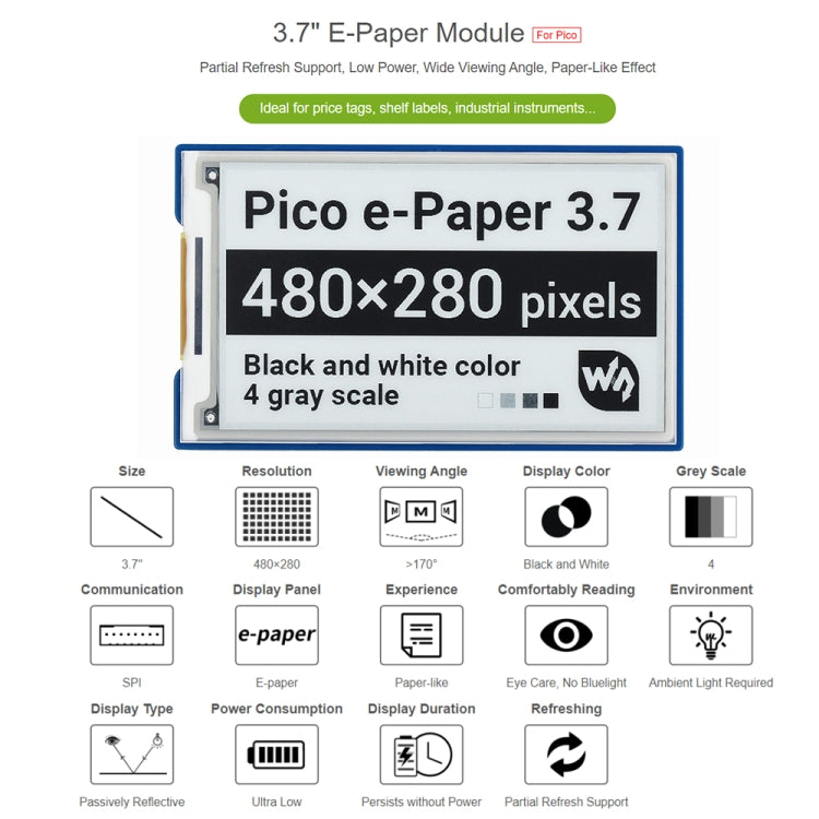 Waveshare 3.7 inch 480x280 Pixel E-Paper E-Ink Display Module for Raspberry Pi Pico, 4 Grayscale, SPI Interface, 20123