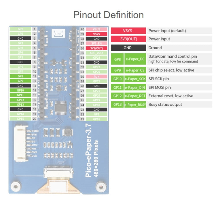 Waveshare 3.7 inch 480x280 Pixel E-Paper E-Ink Display Module for Raspberry Pi Pico, 4 Grayscale, SPI Interface, 20123